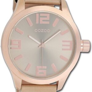 OOZOO Quarzuhr Oozoo Damen Armbanduhr Timepieces, Damenuhr Lederarmband beige, rundes Gehäuse, extra groß (ca. 51mm)