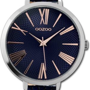 OOZOO Quarzuhr Oozoo Damen Armbanduhr Timepieces, Damenuhr Lederarmband blau, rundes Gehäuse, extra groß (ca. 48mm)