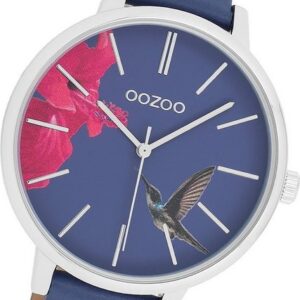 OOZOO Quarzuhr Oozoo Damen Armbanduhr Timepieces, Damenuhr Lederarmband blau, rundes Gehäuse, groß (ca. 42mm)