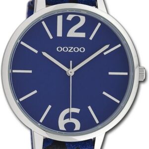 OOZOO Quarzuhr Oozoo Damen Armbanduhr Timepieces, Damenuhr Lederarmband blau, schwarz, rundes Gehäuse, groß (ca. 43mm)
