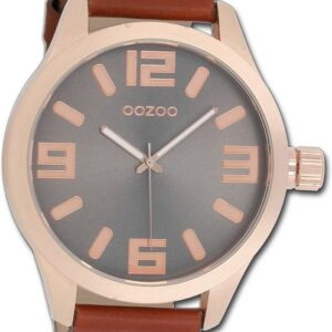 OOZOO Quarzuhr Oozoo Damen Armbanduhr Timepieces, Damenuhr Lederarmband braun, rundes Gehäuse, extra groß (ca. 51mm)