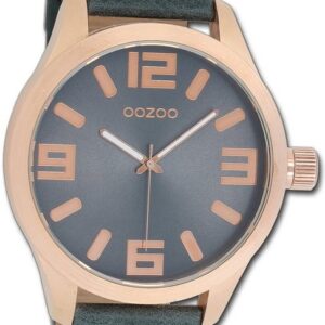 OOZOO Quarzuhr Oozoo Damen Armbanduhr Timepieces, Damenuhr Lederarmband dunkelblau, rundes Gehäuse, extra groß (ca 51mm)