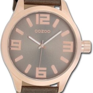 OOZOO Quarzuhr Oozoo Damen Armbanduhr Timepieces, Damenuhr Lederarmband dunkelbraun, rundes Gehäuse, extragroß (ca 51mm)