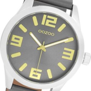 OOZOO Quarzuhr Oozoo Damen Armbanduhr Timepieces, Damenuhr Lederarmband grau, rundes Gehäuse, extra groß (ca. 46mm)