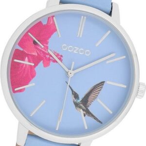 OOZOO Quarzuhr Oozoo Damen Armbanduhr Timepieces, Damenuhr Lederarmband hellblau, rundes Gehäuse, groß (ca. 42mm)