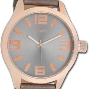 OOZOO Quarzuhr Oozoo Damen Armbanduhr Timepieces, Damenuhr Lederarmband hellbraun, rundes Gehäuse, extra groß (ca. 51mm)