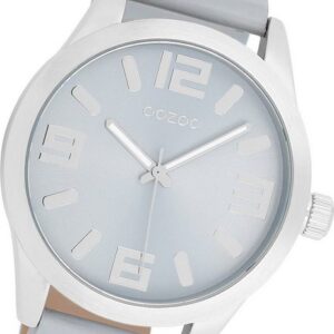 OOZOO Quarzuhr Oozoo Damen Armbanduhr Timepieces, Damenuhr Lederarmband hellgrau, rundes Gehäuse, extra groß (ca. 46mm)