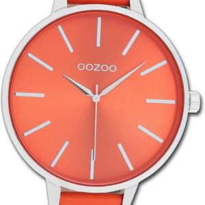 OOZOO Quarzuhr Oozoo Damen Armbanduhr Timepieces, Damenuhr Lederarmband orange, rundes Gehäuse, extra groß (ca. 48mm)