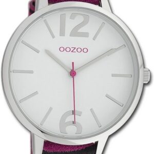 OOZOO Quarzuhr Oozoo Damen Armbanduhr Timepieces, Damenuhr Lederarmband pink, schwarz, rundes Gehäuse, groß (ca. 43mm)