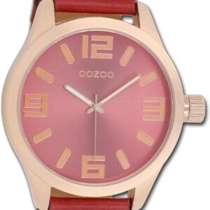 OOZOO Quarzuhr Oozoo Damen Armbanduhr Timepieces, Damenuhr Lederarmband rot, rundes Gehäuse, extra groß (ca. 51mm)