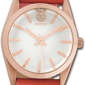 OOZOO Quarzuhr Oozoo Damen Armbanduhr Timepieces, Damenuhr Lederarmband rot, rundes Gehäuse, mittel (ca. 33mm)