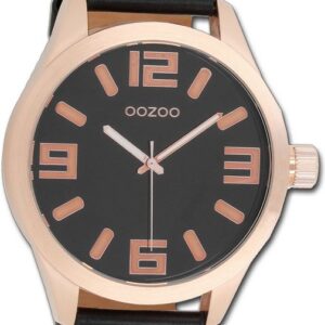 OOZOO Quarzuhr Oozoo Damen Armbanduhr Timepieces, Damenuhr Lederarmband schwarz, rundes Gehäuse, extra groß (ca. 51mm)