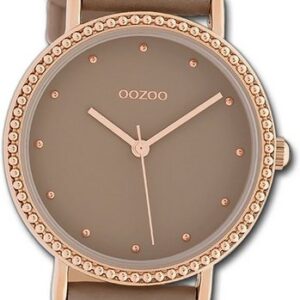 OOZOO Quarzuhr Oozoo Damen Armbanduhr Timepieces, Damenuhr Lederarmband taupe, rundes Gehäuse, mittel (ca. 34mm)