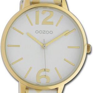 OOZOO Quarzuhr Oozoo Damen Armbanduhr Timepieces, Damenuhr Lederarmband weiß, gelb, rundes Gehäuse, groß (ca. 43mm)