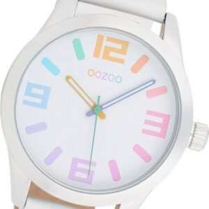 OOZOO Quarzuhr Oozoo Damen Armbanduhr Timepieces, Damenuhr Lederarmband weiß, rundes Gehäuse, extra groß (ca. 46mm)