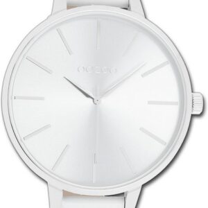 OOZOO Quarzuhr Oozoo Damen Armbanduhr Timepieces, Damenuhr Lederarmband weiß, rundes Gehäuse, extra groß (ca. 48mm)