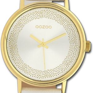 OOZOO Quarzuhr Oozoo Damen Armbanduhr Timepieces, Damenuhr Lederarmband weiß, rundes Gehäuse, groß (ca. 42mm)