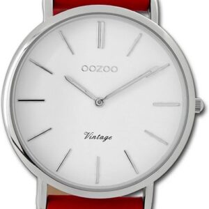 OOZOO Quarzuhr Oozoo Damen Armbanduhr Ultra Slim, Damenuhr Lederarmband rot, rundes Gehäuse, groß (ca. 40mm)