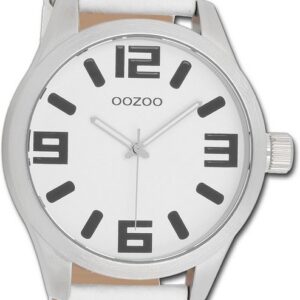 OOZOO Quarzuhr Oozoo Unisex Armbanduhr Timepieces, Damen-Herrenuhr Lederarmband weiß, rundes Gehäuse, groß (ca. 51mm)