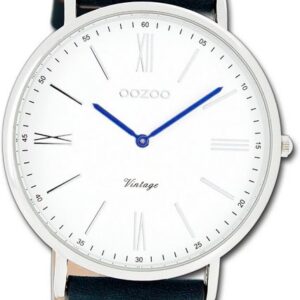 OOZOO Quarzuhr Oozoo Unisex Armbanduhr Vintage Analog, Damen, Herrenuhr Lederarmband blau, rundes Gehäuse, groß (ca. 44mm)