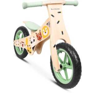 Bicicleta andador madera color verde sin pedales correpasillos para niños mayores de 18 meses sillin regulable ruedas de goma 67x14,5x38cm - Beeloom