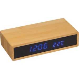 Easy Gifts Tischuhr Bambus Schreibtischuhr / mit Wireless Charging, Wecker, Temperaturanze