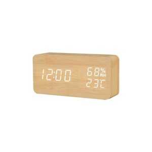 Minkurow - Digitalanzeige Led Uhr Holz Schreibtisch Humidometer Sprachsteuerung Leuchtende Digitale Tischuhr Timer Bambus Weiße Lampe