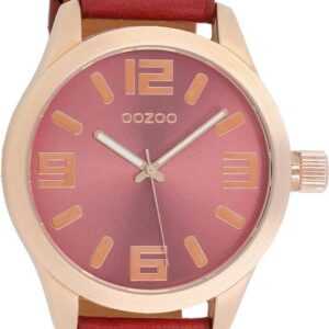 OOZOO Quarzuhr Oozoo Damen Armbanduhr Timepieces Analog, Damenuhr rund, extra groß (ca. 46mm), Lederarmband rot, Fashion