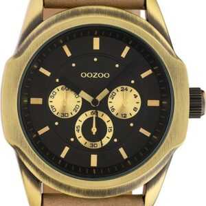 OOZOO Quarzuhr Oozoo Damen Armbanduhr Timepieces Analog, Damenuhr rund, extra groß (ca. 48mm) Lederarmband hellbraun