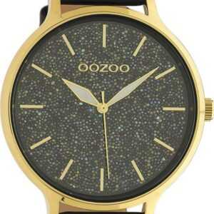 OOZOO Quarzuhr Oozoo Damen Armbanduhr Timepieces Analog, Damenuhr rund, extra groß (ca. 48mm), Lederarmband schwarz, Fashion