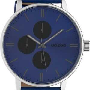 OOZOO Quarzuhr Oozoo Damen Armbanduhr Timepieces Analog, Damenuhr rund, extra groß (ca. 50mm), Lederarmband blau, Fashion
