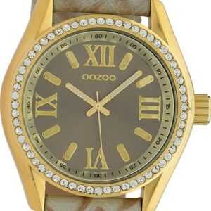 OOZOO Quarzuhr Oozoo Damen Armbanduhr Timepieces Analog, Damenuhr rund, groß (ca. 40mm) Lederarmband grau, hellbraun