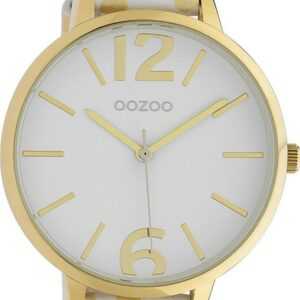 OOZOO Quarzuhr Oozoo Damen Armbanduhr Timepieces Analog, Damenuhr rund, groß (ca. 43mm), Lederarmband weiß, gelb, Fashion
