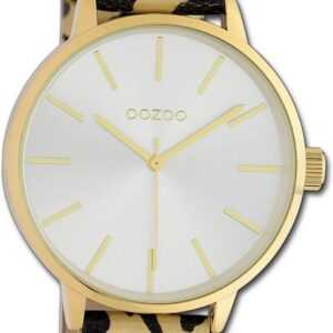 OOZOO Quarzuhr Oozoo Damen Armbanduhr Timepieces, Damenuhr Lederarmband beige, schwarz, runde, extra groß (ca. 48mm)