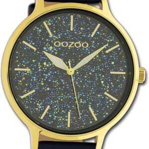 OOZOO Quarzuhr Oozoo Damen Armbanduhr Timepieces, Damenuhr Lederarmband dunkelblau, rundes Gehäuse, extra groß (ca 48mm)