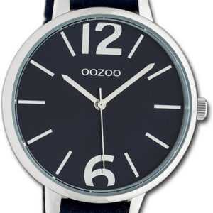 OOZOO Quarzuhr Oozoo Damen Armbanduhr Timepieces, Damenuhr Lederarmband dunkelblau, rundes Gehäuse, groß (ca. 42mm)