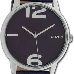 OOZOO Quarzuhr Oozoo Damen Armbanduhr Timepieces, Damenuhr Lederarmband dunkelblau, rundes Gehäuse, groß (ca. 45mm)