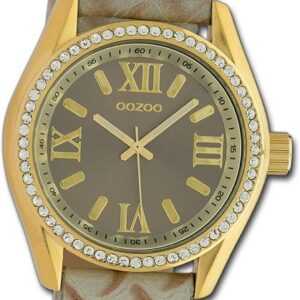 OOZOO Quarzuhr Oozoo Damen Armbanduhr Timepieces, Damenuhr Lederarmband grau, hellbraun, rundes Gehäuse, groß (ca. 40mm)