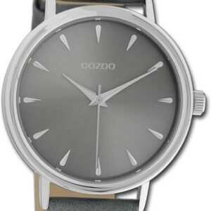 OOZOO Quarzuhr Oozoo Damen Armbanduhr Timepieces, Damenuhr Lederarmband grau, rundes Gehäuse, groß (ca. 42mm)