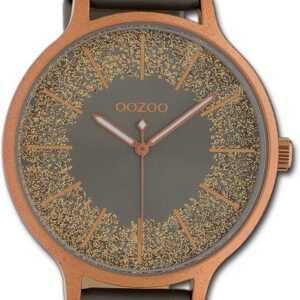 OOZOO Quarzuhr Oozoo Damen Armbanduhr Timepieces, Damenuhr Lederarmband grau, rundes Gehäuse, groß (ca. 45mm)