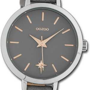 OOZOO Quarzuhr Oozoo Damen Armbanduhr Timepieces, Damenuhr Lederarmband grau, rundes Gehäuse, mittel (ca. 38mm)