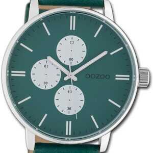 OOZOO Quarzuhr Oozoo Damen Armbanduhr Timepieces, Damenuhr Lederarmband grün, rundes Gehäuse, extra groß (ca. 50mm)