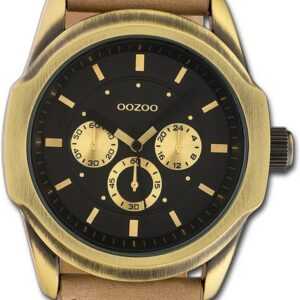 OOZOO Quarzuhr Oozoo Damen Armbanduhr Timepieces, Damenuhr Lederarmband hellbraun, rundes Gehäuse, extra groß (ca. 48mm)