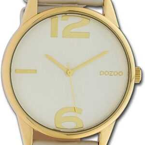 OOZOO Quarzuhr Oozoo Damen Armbanduhr Timepieces, Damenuhr Lederarmband hellgrau, rundes Gehäuse, groß (ca. 40mm)