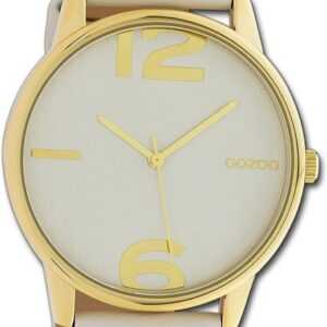 OOZOO Quarzuhr Oozoo Damen Armbanduhr Timepieces, Damenuhr Lederarmband hellgrau, rundes Gehäuse, groß (ca. 45mm)
