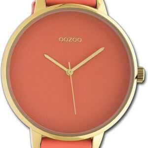 OOZOO Quarzuhr Oozoo Damen Armbanduhr Timepieces, Damenuhr Lederarmband pfirsichrosa, rundes Gehäuse, extra groß (48mm)