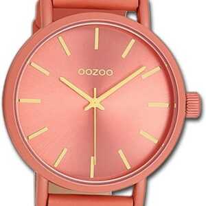 OOZOO Quarzuhr Oozoo Damen Armbanduhr Timepieces, Damenuhr Lederarmband pfirsichrosa, rundes Gehäuse, groß (ca. 42mm)