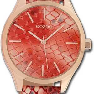 OOZOO Quarzuhr Oozoo Damen Armbanduhr Timepieces, Damenuhr Lederarmband rot, hellrose, rundes Gehäuse, groß (ca. 42mm)