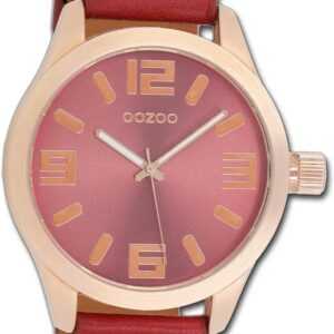 OOZOO Quarzuhr Oozoo Damen Armbanduhr Timepieces, Damenuhr Lederarmband rot, rundes Gehäuse, extra groß (ca. 46mm)