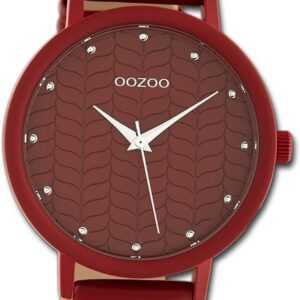 OOZOO Quarzuhr Oozoo Damen Armbanduhr Timepieces, Damenuhr Lederarmband rot, rundes Gehäuse, groß (ca. 45mm)